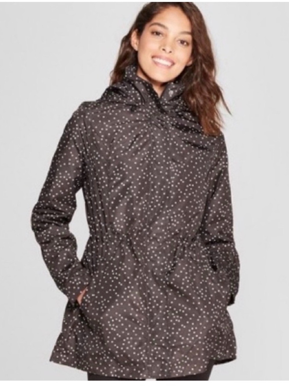 New A Day Women's Black Polka Dot Hooded Rain Jacket  adjustable waistband XL